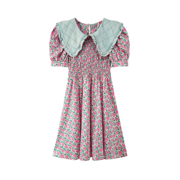 CHUU Pink and Blue Floral Puff Sleeve Dress - Picture 3 of 11